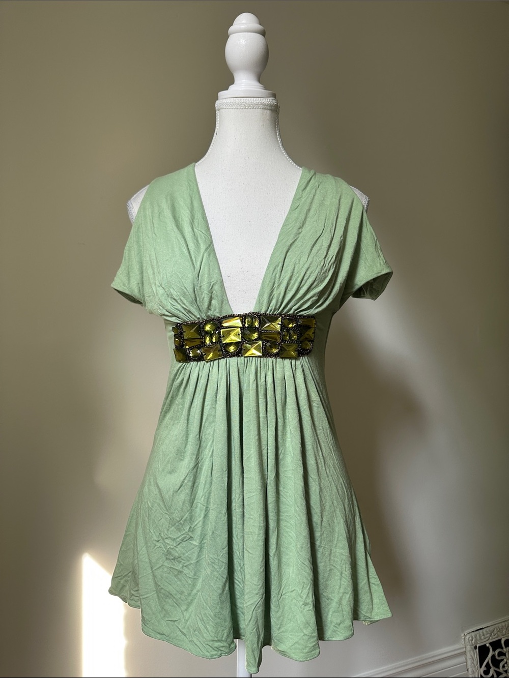 SKY Vintage Green Jewelled Cold Shoulder Festival Boho Babydoll Vneck Top Medium